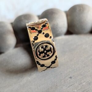 TORY BURCH Icon Monogram Ring Black on Gold Size 7